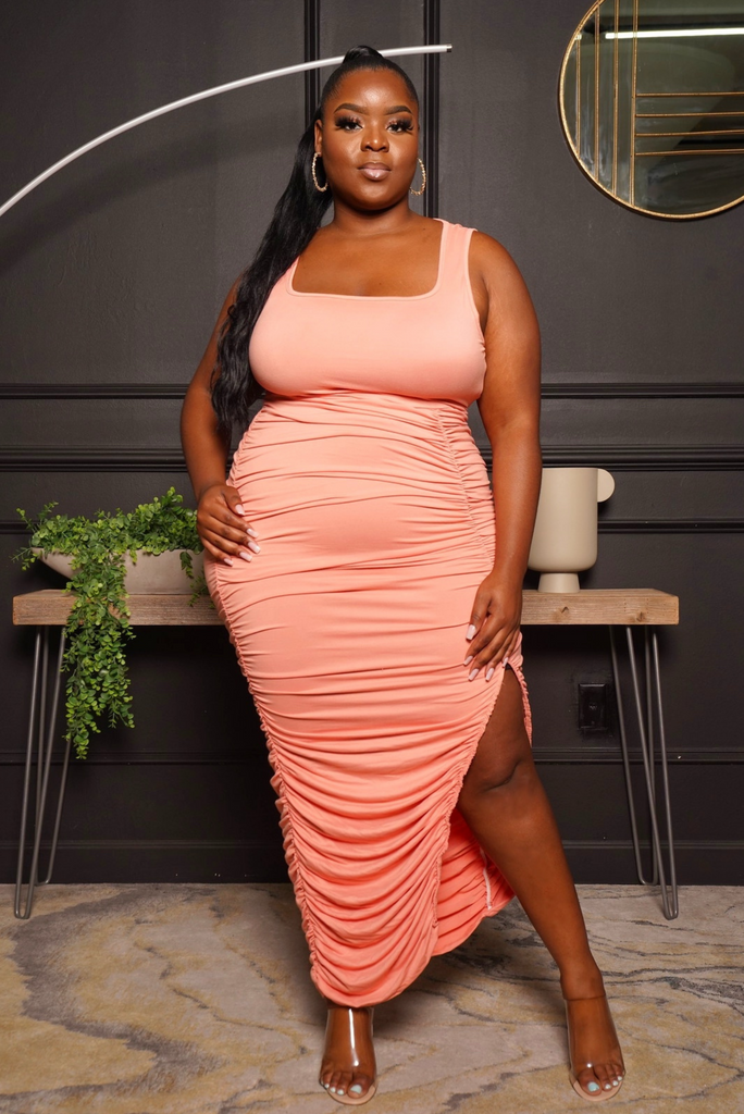 PLUS RUCHED MIDAXI DRESS (CORAL)-FINAL SALE