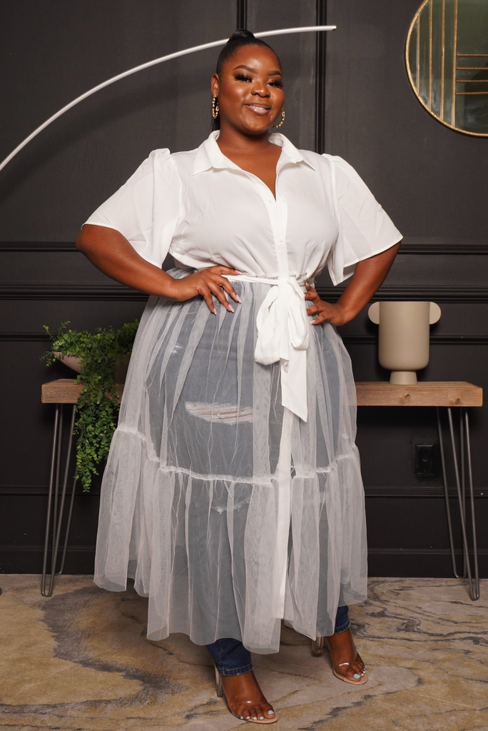 PLUS TULLE BELTED TOP/DRESS (WHITE)-FINAL SALE